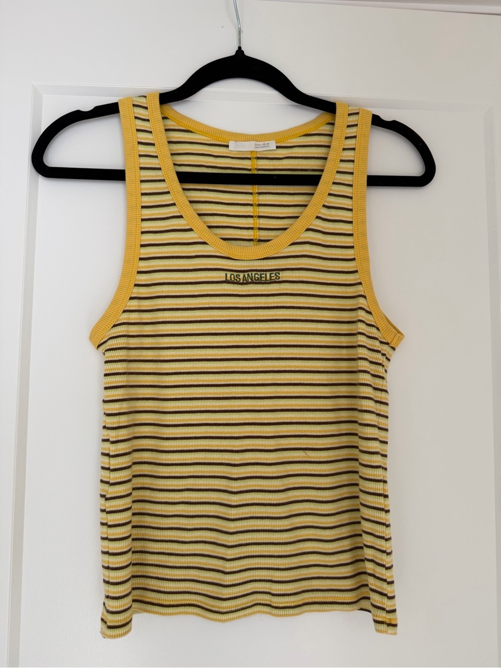 Zara Yellow and Black Striped Ribbed Tank with 'Los Angeles' Embroidery